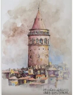 İstanbul Galata Kulesi Aquarella - - Painting By -