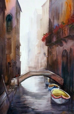 Misty Early Morning Venice Canal II - - Painting By -