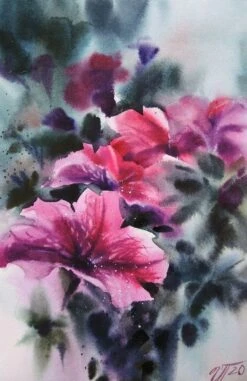 Floral Morning. Pink Flowers And Emerald Leaves. - - Painting By -