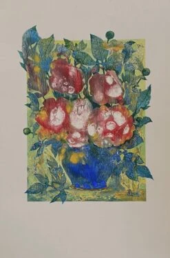 Bouquet Dans Le Vase Bleu - - Painting By -
