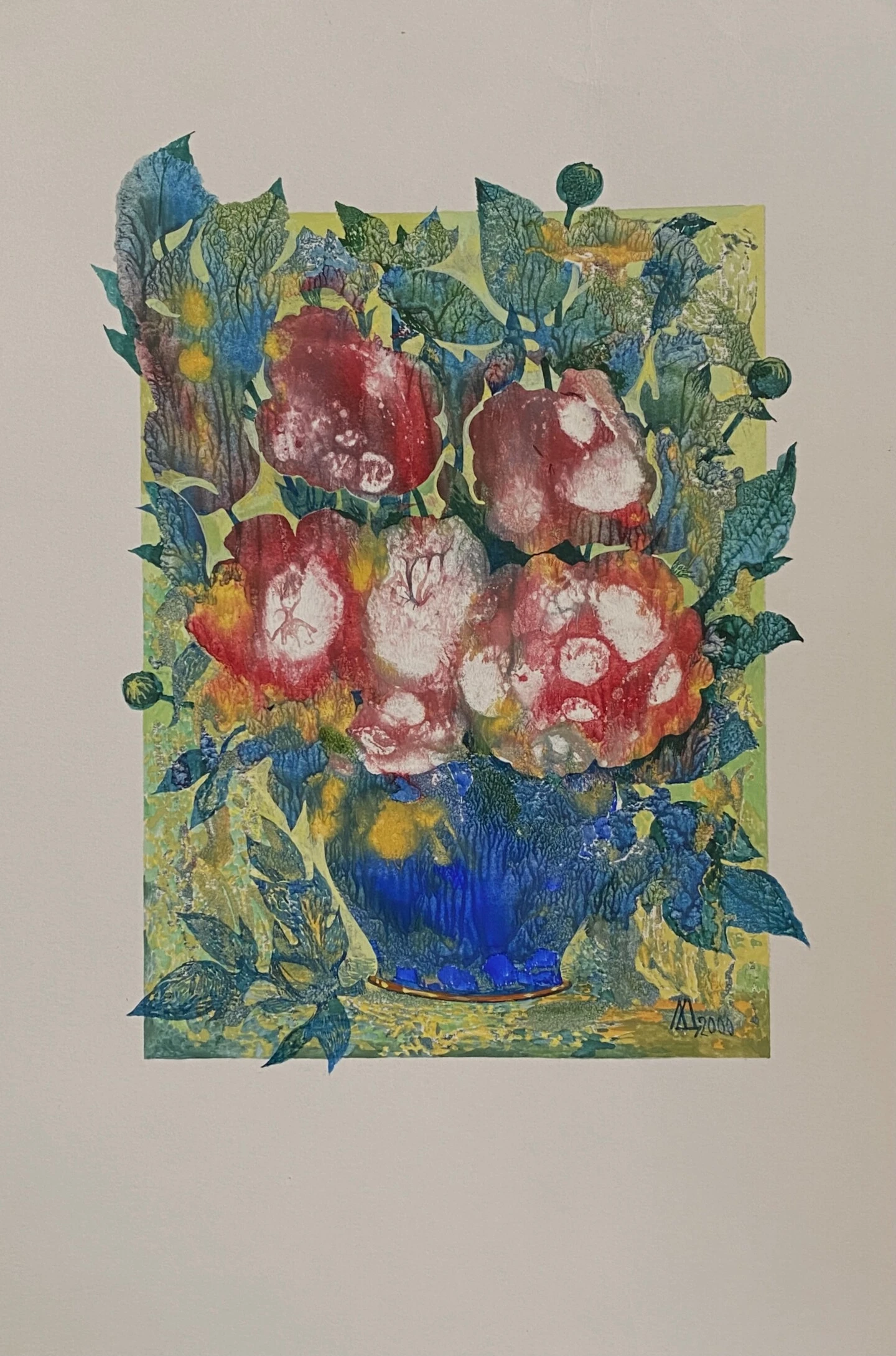 Bouquet Dans Le Vase Bleu - - Painting By -