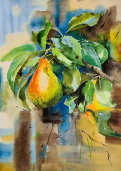 Juicy Pear On Abstract Background - Original Watercolor Pain - - Painting By -