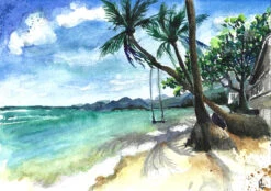Landscape Of Thailand, Watercolor Seascape On Paper - - Painting By -